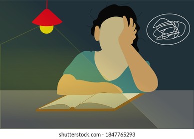 Ilustración vectorial de una chica que se encuentra estresada estudiando hasta altas horas de la noche