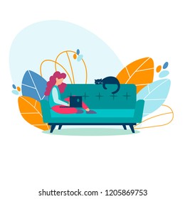 Student girl, freelancer studying, working on a laptop at home sitting on the couch with her cat. Freelance, online education concept. Vector illustration.