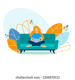 Student girl, freelancer studying, working at home sitting on the couch. Freelance, online education concept. Vector illustration.