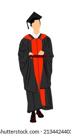 Student Girl In Gown Graduates College Vector Illustration Isolated On White Background. Celebration Ceremony After Graduating On University. Happy Cadet Lady Finish Academy Education. 