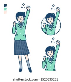 A student girl in a green blazer with fist pump images.
It's vector art so it's easy to edit.

