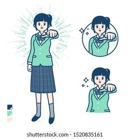 A student girl in a green blazer with Pointing to the front images.
It's vector art so it's easy to edit.

