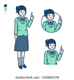 A student girl in a green blazer with pointing hand sign images.
It's vector art so it's easy to edit.

