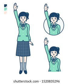 A student girl in a green blazer with raise hand images.
It's vector art so it's easy to edit.


