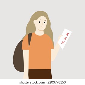 Student Girl Hand Holding Exam Test Paper Form In School. Teen Feeling Sad With Low Score Result. Education, Failure, Heavy Workload, Stress Concept. Flat Cartoon Character Vector Illustration.