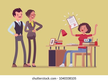 Student Girl Happy With An Excellent Mark. School Or College Pupil Showing Parents A Test With Good Grade, Great Study Achievement. Science, Education Concept. Vector Flat Style Cartoon Illustration