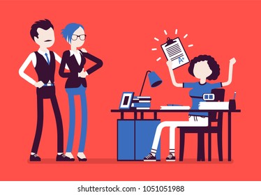 Student girl happy with an excellent mark. School or college pupil showing parents a test with good grade, great study achievement. Science, education concept. Vector illustration, faceless characters