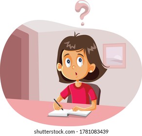 Student Girl Having Questions Doing Homework Vector Cartoon. Funny pupil writing trying to solve a math problem
