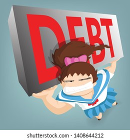 Student girl with heavy stone full of debt carrying it up. Student loan debt concept. (Vector flat concept and cartoon design)