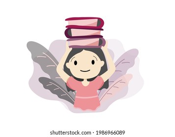 student girl hloding book over head, success, learning, education, higher,vector
