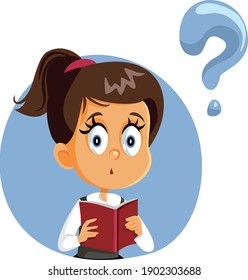 Student Girl Holding a Book Having Questions. Schoolchild studying with textbook for exams
