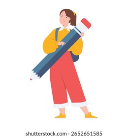 Menina estudante segurando carregando grande lápis gigante com conceitos de mochila de educação, criatividade, aprendizagem, escrita, desenho e escola isolada em fundo transparente
