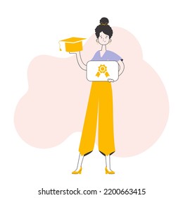 Student girl holding a diploma. Line art trendy style. Vector.