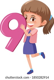 Student girl holding the number cartoon character isolated on white background illustration