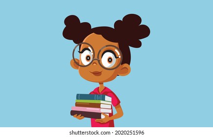 Student Girl Holding Textbooks Vector Cartoon. Elementary schoolgirl with many books preparing for exams 
