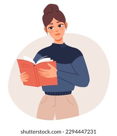 A student girl holds an open book. Female with a book. The concept of learning. Flat vector illustration.
