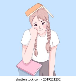 Student girl illustration design of vector. Cute girl with textbooks.