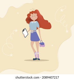 Student girl illustration with handbag.Red hair girl vector for web and mobile.Cartoon style illustration of girl.Student vector.