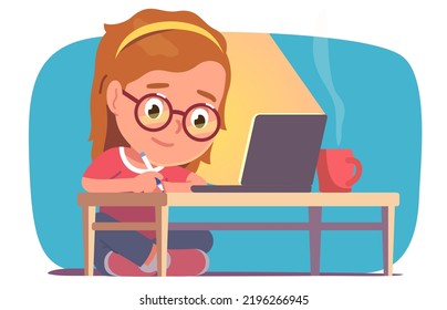 Student girl kid doing homework at home table with laptop computer. Schoolgirl child person character writing studying sitting indoors. School education, learning, childhood flat vector illustration