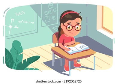 Student Girl Kid Studying Sitting At Classroom School Desk. Child Character Learning At Lesson Or Doing Homework Writing In Exercise Book. Education, Knowledge. Class Room Flat Vector Illustration