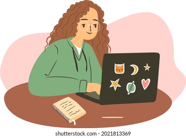 Student Girl With Laptop Studying. Freelancer Woman In Casual Clothes Works From Home At Her Computer. Hand Drawn Flat Illustration.