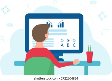 Student Girl in learning process. Online education. back view. Kid sitting behind his desk studying online using his computer flat vector illustration with work table and display.