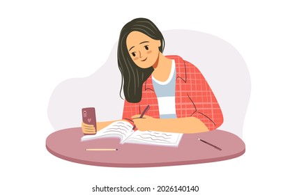 Student girl with notebook studying. Young woman is making selfie while studying at home. Hand drawn flat illustration.