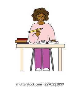 Student girl with pencil learning behind table, education or back to school, doodle style vector