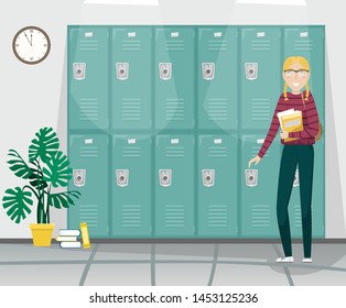 Student girl with pigtails and glasses is holding books in her hand. Girl near school lockers.