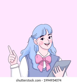 Student girl pointing to something cartoon illustration design of vector. 