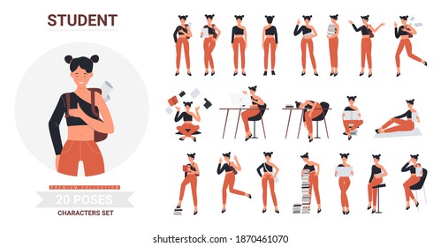 Student girl pose infographic vector illustration set. Cartoon young woman in casual clothes holding books for study, female character in jeans studying, resting in different posture isolated on white