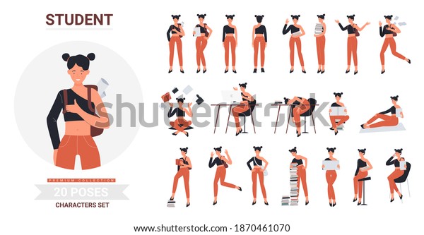 Student girl pose infographic vector illustration\
set. Cartoon young woman in casual clothes holding books for study,\
female character in jeans studying, resting in different posture\
isolated on white