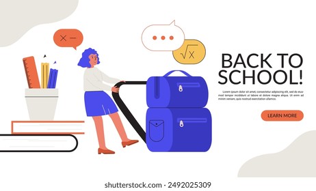 Student girl pulling schoolbag solving math tasks. Back to School flat color landing page template. Homework concept website banner. Learning graphic design vector illustration for web white