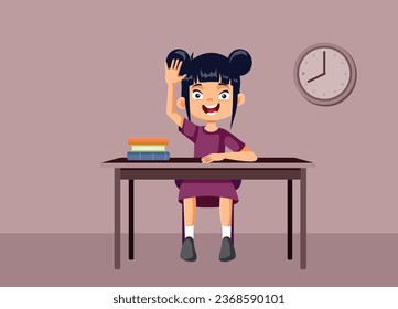 
Student Girl Raising a Hand up in Class Vector Cartoon illustration. Studious schoolgirl participating as volunteer in class activities
