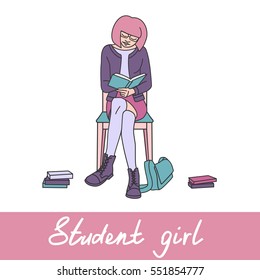 Student girl reading on a chair with books and a schoolbag on a floor. Blue, pink, violet. Vector clip-art.