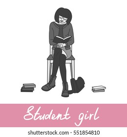 Student girl reading on a chair with books and a schoolbag on a floor. Shades of gray. Vector clip-art.