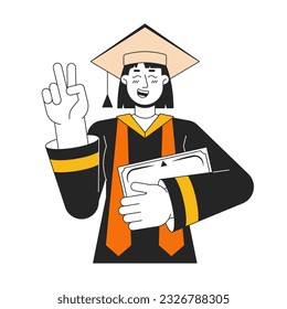 Student girl in robe and academic cap flat line color vector character. Editable outline half body student holds diploma on white. Education simple cartoon spot illustration for web graphic design