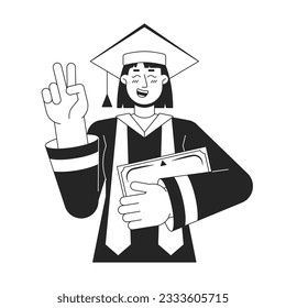 Student girl in robe and academic cap flat line black white vector character. Editable outline half body student holds diploma. Education simple cartoon isolated spot illustration for web graphic