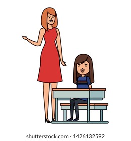 student girl in school desk with female teacher