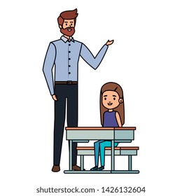 student girl in school desk with male teacher