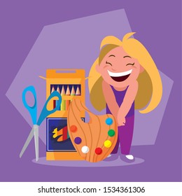 student girl with school supplies, back to school vector illustration design