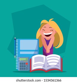 student girl with school supplies, back to school vector illustration design