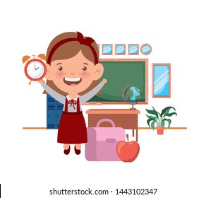 student girl with school supplies in the classroom
