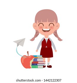 student girl with school supplies on white background