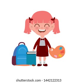 student girl with school supplies on white background