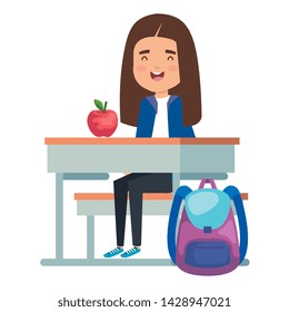 student girl seated in school desk with apple and bag