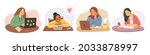 Student girl set. Collection of young women with laptop studying, writing in notebook, dreaming, browsing Internet. Freelancer woman in casual clothes works from home. Hand drawn flat vector