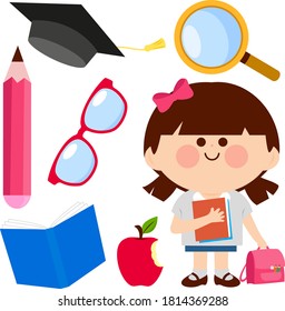 Student girl and set of school objects. Vector illustration
