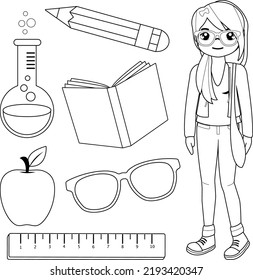 Niña estudiante y conjunto de objetos escolares. Página de color blanco y negro del vector