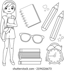 Niña estudiante y conjunto de objetos escolares. Página de color blanco y negro del vector